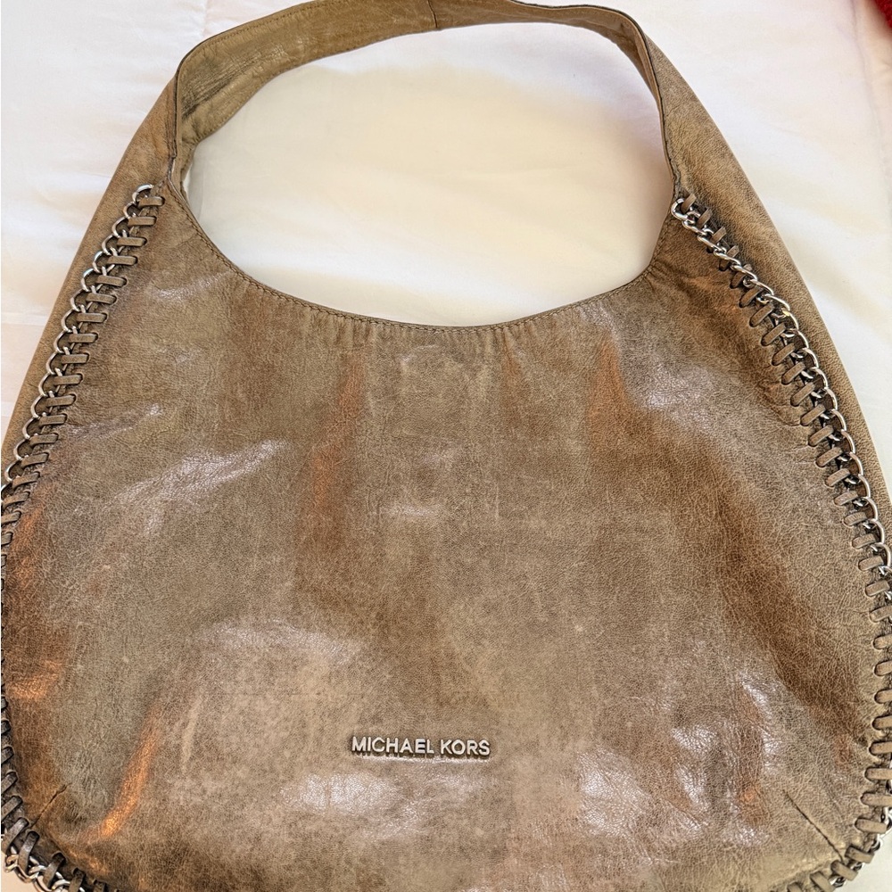 Michael Kors Silver Bronze Hobo Bag with Metal Chain Detail.